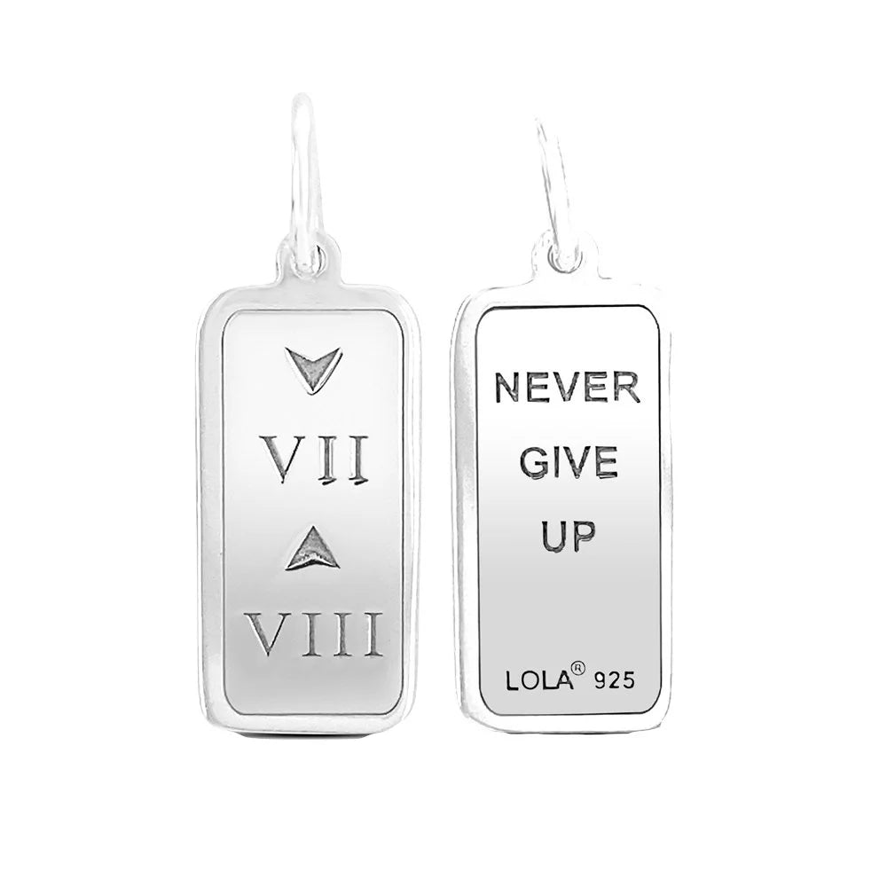 Two silver rectangular pendants with engraved text on a white background