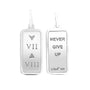Two silver rectangular pendants with engraved text on a white background
