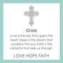 Decorative cross with inspirational quote on a light blue background