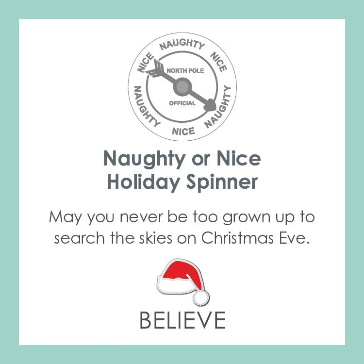 Naughty or Nice Holiday Spinner design with text and a Santa hat icon on a light blue background. - 3