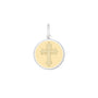 Round pendant with a gold cross design on a white background
