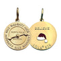 Two gold christmas themed pendants on a white background