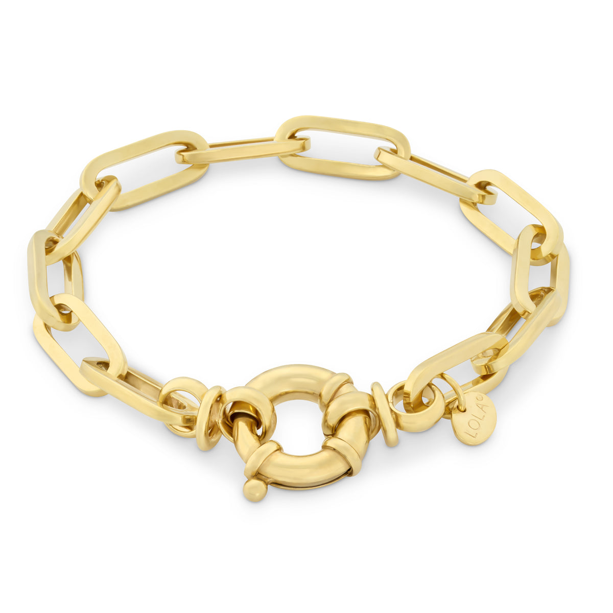 Gold chain bracelet with a unique clasp design on a white background